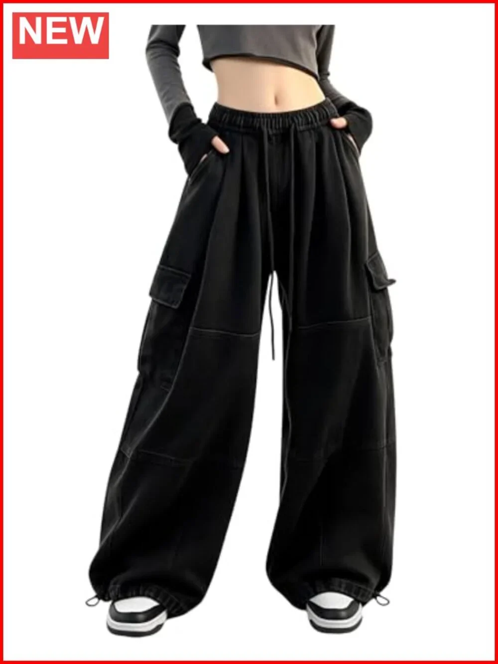 Y2K Baggy Cargo Pants - Wide Leg Sweatpants with Drawstring, High Waisted